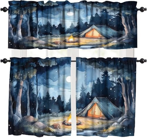 Forest Valance Curtain for Kitchen, Window Treatment Watercolor Mountain Forest by LOMADIA