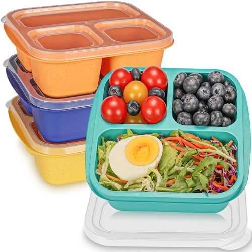 TOUWMX Bento Box For Kids, 4 Pack 3 Compartments Lunchable Meal Prep Containers by TOUWMX