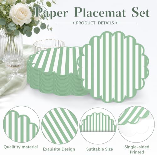 100 Pcs Sage Green Striped Paper Placemats 13.5 Inch Disposable Round Placemat - Image 3