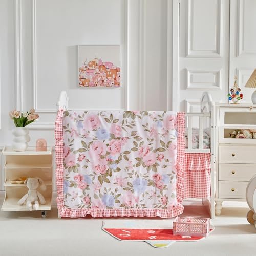 3 Pieces Pink Blue Rose Flowers Mini Crib Bedding Set Baby Ruffled Quilted by Uozzi+Bedding