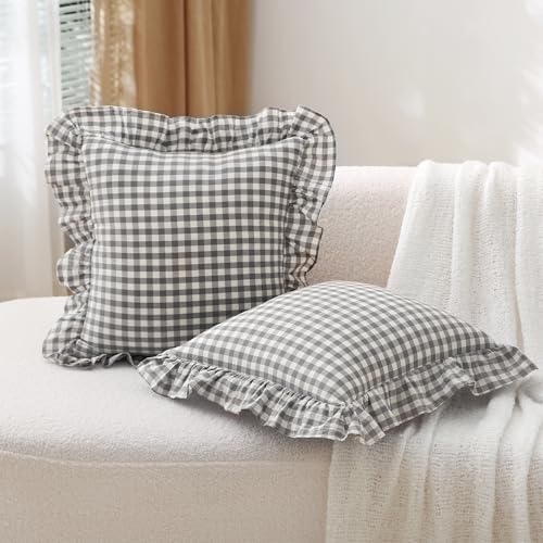 2 Pack Grey White Gingham Ruffle Throw Pillow Covers 18"x18" - Image 3