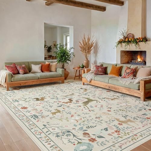 9x12 Area Rugs Boho Floral Washable Living Room Rug Neutral Carpet Bedroom - Image 2