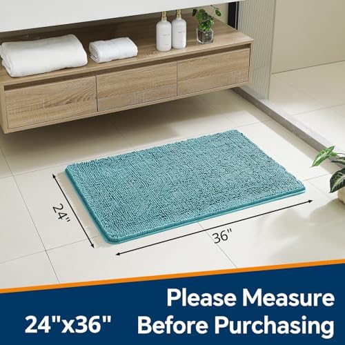 Chenille Bathroom Rug 24"x36" Aqua, Non-Slip Plush Bath Mat - Image 2