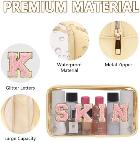 Iqimott Clear Patch Makeup Bag Skin Pouch, Preppy Personalized Chenille Letter - Image 3