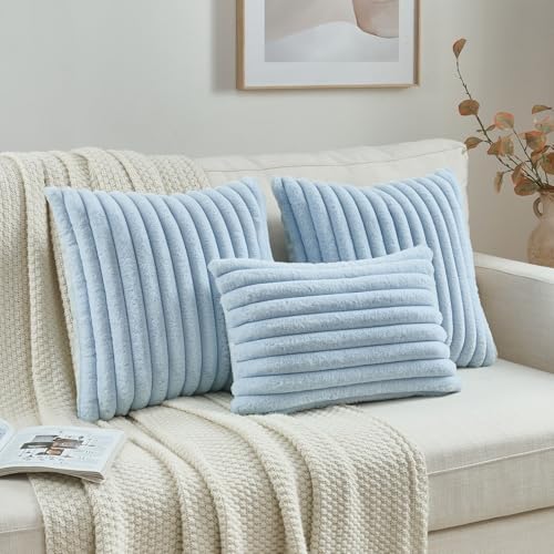 FUTEI Pack of 2 Faux Fur Throw Pillow Covers 12x20 Inch, Light Blue - Image 4