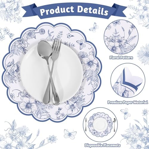 60 Pcs Blue Floral Paper Placemat, 13.5 Inch Disposable Scalloped Table Mat - Image 4