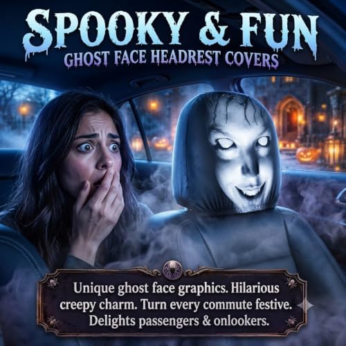 2 Pack Scary Headrest Covers for Cars, Funny Scary Face Auto Seat Elastic - Image 2