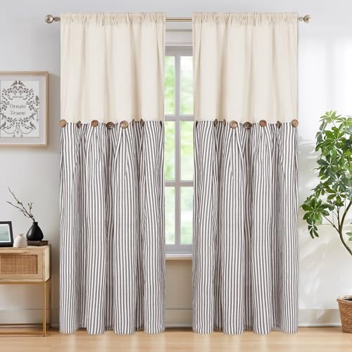 ASPMIZ Cotton Linen Farmhouse Curtains Boho Rustic Button Panel, Country Window by ASPMIZ