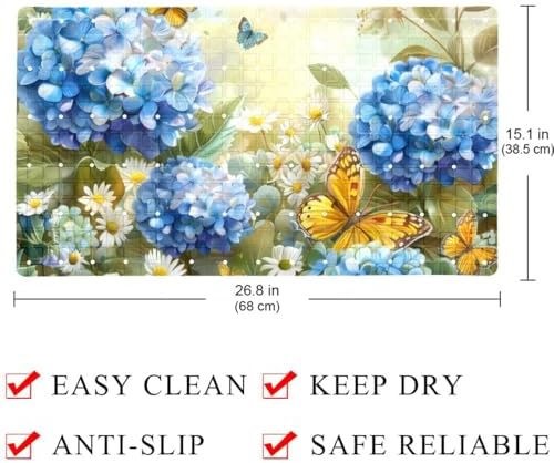 Bathtub Mat Non Slip 26.8x15.1 Inch, Hydrangea Flower Butterflies Shower Mat - Image 4