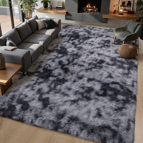 KICHOWUA Grey Tie-Dye Dark Gray Fluffy 9x12 Rug Bedroom Living Room Shag - Image 7