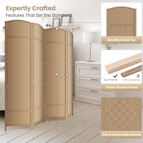 4 Panel Folding Room Divider, Woven Privacy Screen, Light Beige - Image 2