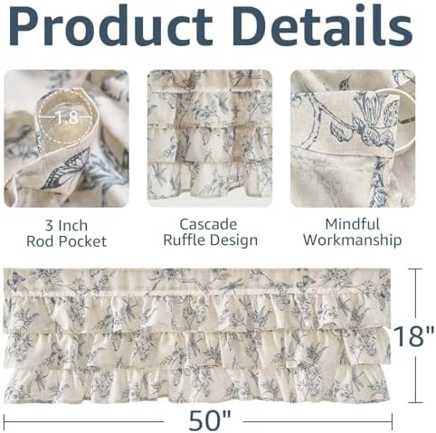jinchan Ruffled Floral Valance Curtain 18 Inch 1 Panel Blue on Beige - Image 5