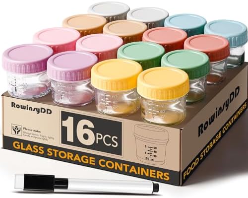 RowinsyDD 16 Pack Baby Food Containers, 4 oz Glass Baby Food Jars by RowinsyDD