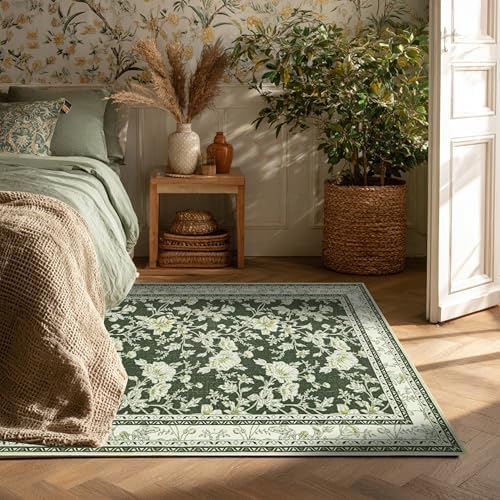 BILEEHOME Olive Green Sketch Floral Rug 4x6 Non Slip Small Rugs - Image 2