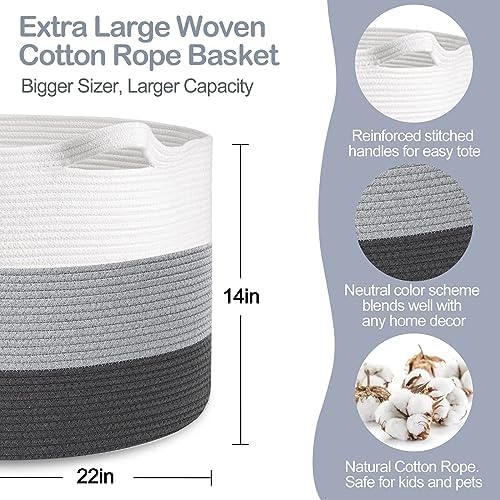 MEGASKET Extra Large Cotton Rope Basket, 22” X 22” X 14” Blanket Storage - Image 2