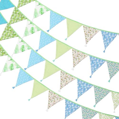 G2PLUS 10.8Ft Cotton Triangle Bunting Banner – 12pcs Blue and Green Floral by G2PLUS