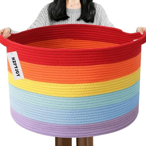 115L Large Blanket Basket, Rope Woven Laundry Basket-Rainbow by HZFTJOY