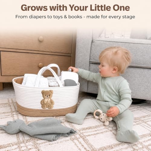 Baby Diaper Caddy Organizer, Teddy Bear Cotton Rope Nursery Basket - Image 4