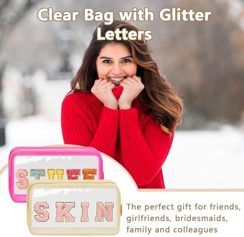 Iqimott Clear Patch Makeup Bag Skin Pouch, Preppy Personalized Chenille Letter - Image 5