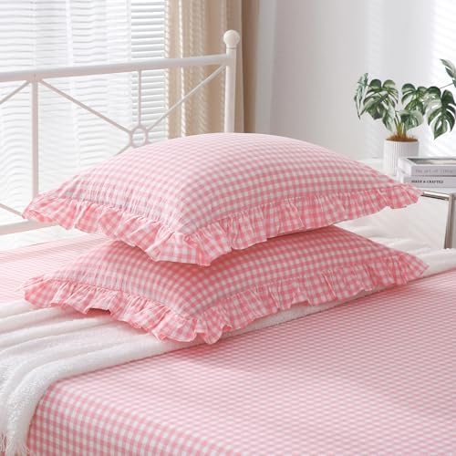 2 Pack Coral Pink Plaid Ruffle Gingham King Size Pillow Shams, 100% Washed - Image 3