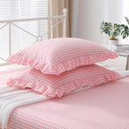 2 Pack Coral Pink Plaid Ruffle Gingham King Size Pillow Shams, 100% Washed - Image 3
