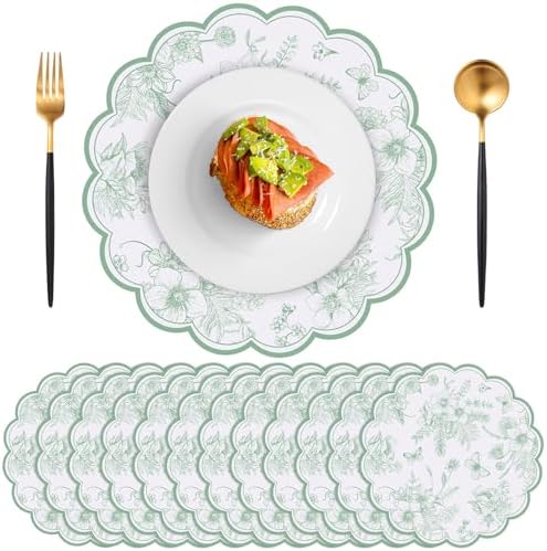 60 Pcs Sage Green Floral Paper Placemat, Disposable Scalloped Table Mat by NatNarr