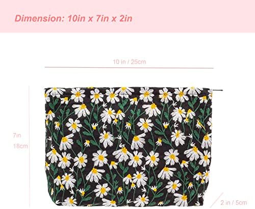 Flat Makeup Bag for Women, Zipper Cosmetic Pouch for Purse, Daisy Black - Image 5