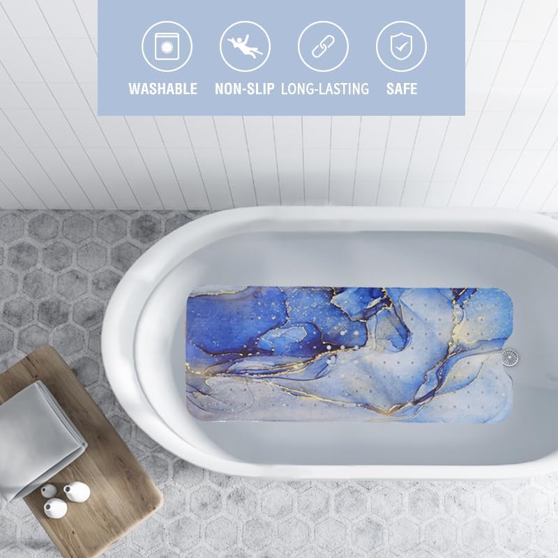 Blue Bathtub Mat Non Slip Marble Gold Line Extra Long Bath Mat - Image 2