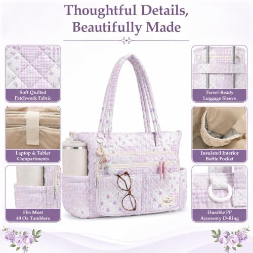 WOBAGMEN Teacher Tote Bag for Women, Quilted Floral Laptop Work Tote - Image 5