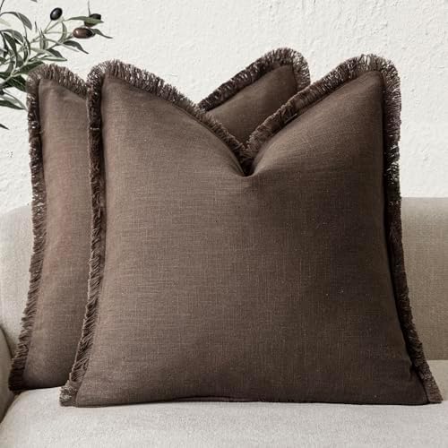 Foindtower Decorative Linen Fringe Throw Pillow Covers 18×18 Reddish Brown by Foindtower