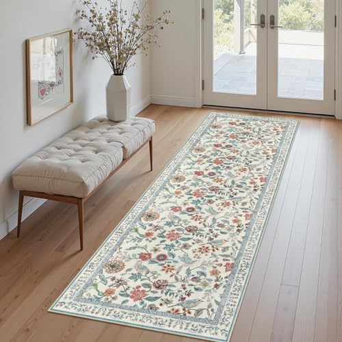 Rugalia Blue Floral Runner Rug, 2x6 Washable Rug Runners by Rugalia