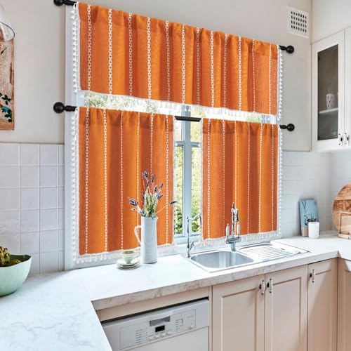 MitoVilla Boho Orange Kitchen Curtains 24 Inch Length Sets, 2 Panels Farmhouse - Image 2