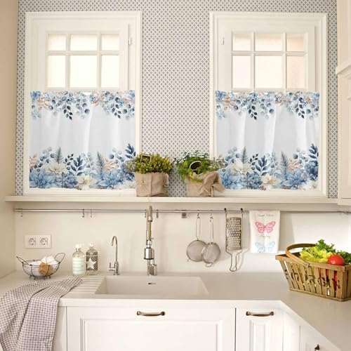 Vandarllin Blue Christmas Poinsettia Kitchen Curtains and Valances Set - Image 4