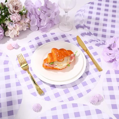 Funnymoom 60 Pcs Purple and White Gingham Disposable Paper Placemats Round - Image 5
