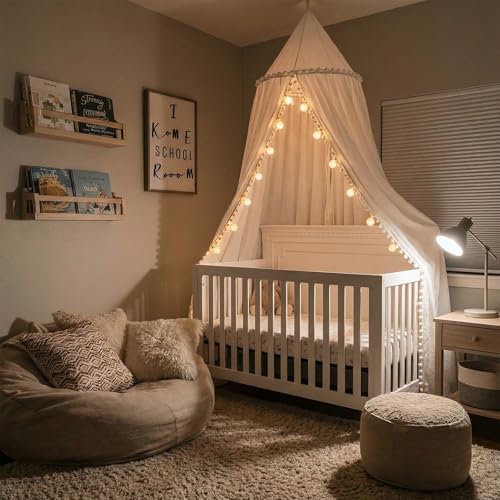 LOAOL Bed Canopy with Pom Pom Kids Reading Nook Hanging Tent - Image 5