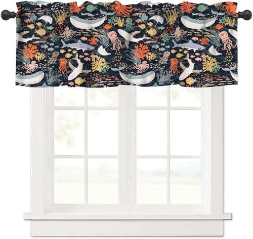 Ocean Animal Valance Curtain for Kids Toddler Cartoon Cute Blue Underwater by AAVEUP