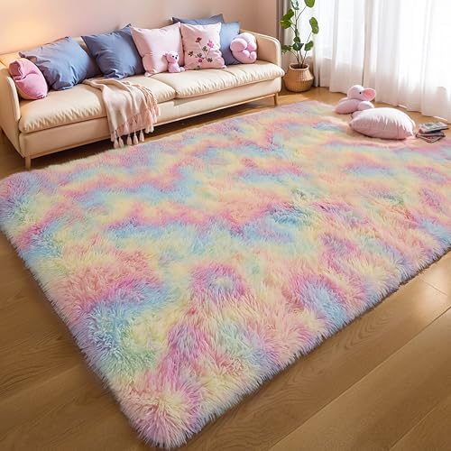 3x5 Rainbow Unicorn Rug for Girls Bedroom, Fluffy Shaggy Carpet - Image 6