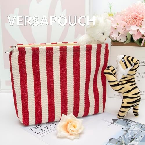 Flat Makeup Bag for Women, Zipper Cosmetic Pouch for Purse, Stripe Red - Image 5
