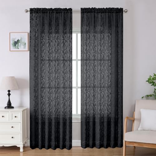 Lecloud Leia Black Sheer Curtains 96 Inches Long 2 Panels, Airy Leaf Jacquard by Lecloud