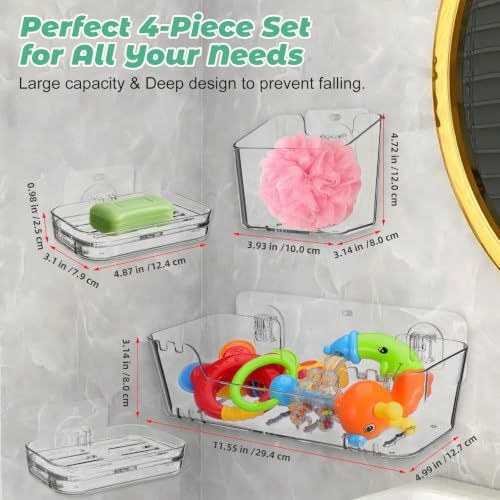 Wakauto 4 Pack Clear Wall Mounted Bath Toy Organizer & 2 Soap Dishes - Image 2