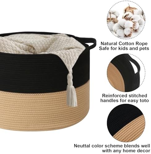 90L Extra Large Blanket Basket, Woven Laundry Basket-Black&Camel - Image 3