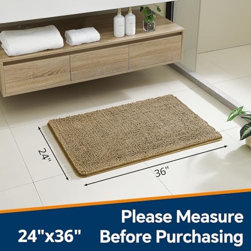 Chenille Bathroom Rug 24"x36" Tan, Non-Slip Plush Bath Mat - Image 2