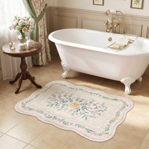 Scalloped Door Mat 2x3 Small Pink Floral Washable Entryway Rug - Image 6
