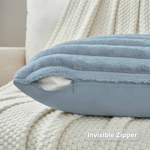 FUTEI Pack of 2 Faux Fur Throw Pillow Covers 22x22 Inch, Dusty Blue - Image 3
