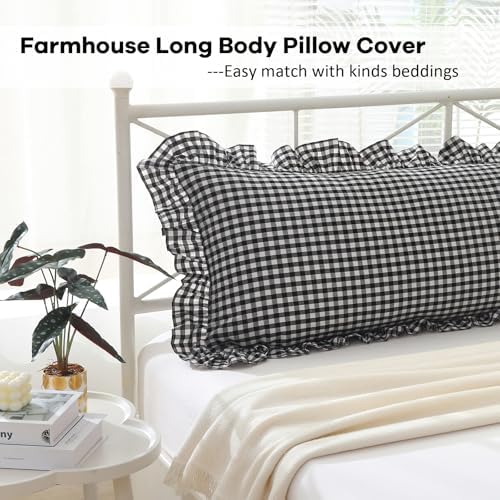 Black White Gingham Ruffle Body Pillow Cover 20"x54" - Image 3