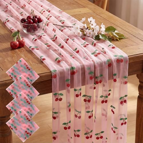4 Pcs Cherry Table Runner 29x70 Inch Pink Glitter Tulle Summer by Windkream