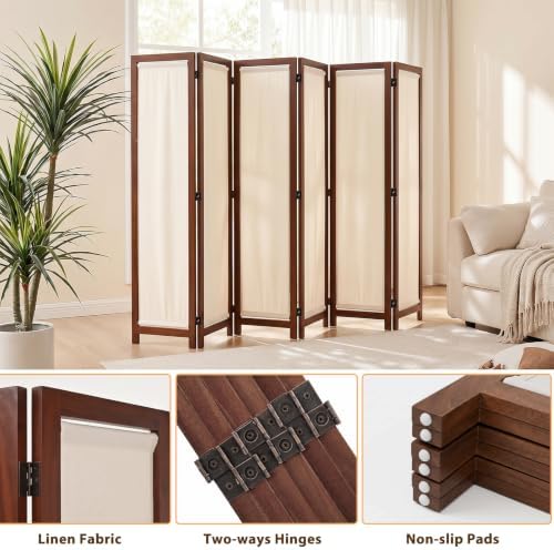 Wood Room Divider Panel with Linen Fabric, Boho Folding Privacy Screen 67" - Image 3