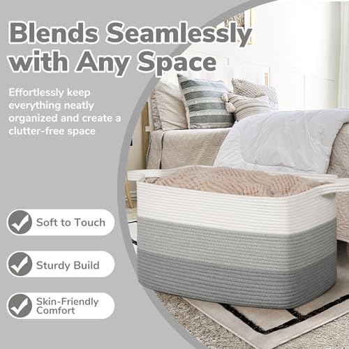 Goodpick Large Woven Rope Blanket Basket, Light Gray - Image 5