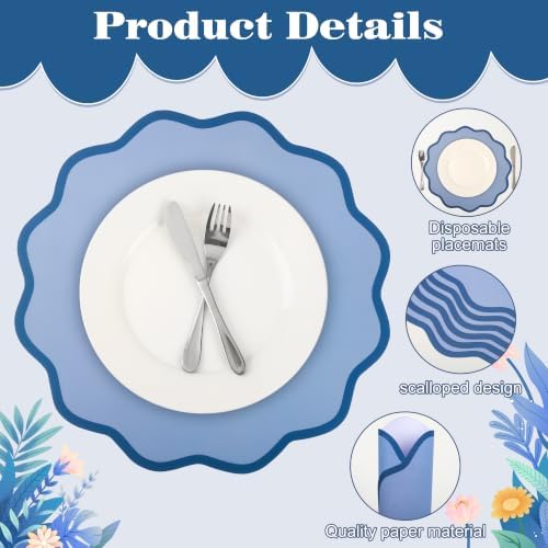 50 Pcs Blue Scalloped Paper Placemats, Disposable Round Wavy Edge Table Mats - Image 3