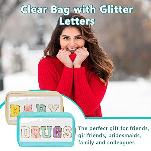 Iqimott Clear Patch Makeup Bag Drugs Pouch, Preppy Personalized Chenille Letter - Image 5
